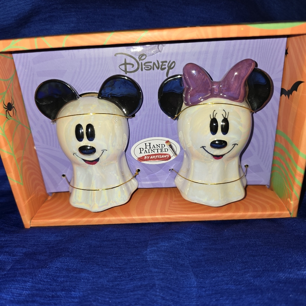 Disney Mickey and Minnie Mouse Ghost Salt Pepper Shakers Halloween Hand Painted